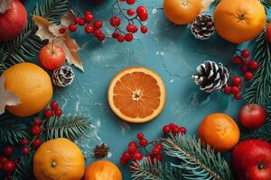 An arrangement of Christmas-themed objects including holly, apples, oranges, and pine cones. photo