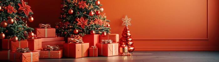 un foto de un habitación con un rojo pared y dos Navidad arboles decorado con rojo y oro adornos allí son además varios envuelto regalos debajo el arboles