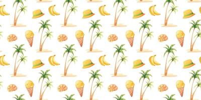 Seamless beach pattern with palm trees, ice cream, seashell, bananas and panama. Summer pattern in yellow and green colors vector