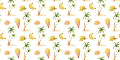 Seamless beach pattern with palm trees, ice cream, seashell, bananas and panama. Summer pattern in yellow and green colors vector