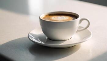 A hot cup of coffee on a saucer, set against a white background, casting a subtle shadow. photo