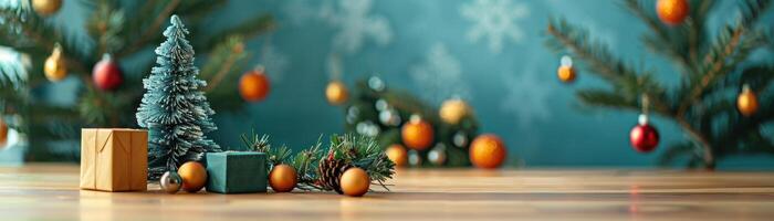 azul y verde Navidad antecedentes con un miniatura Navidad árbol, algunos Navidad pelotas y un regalo en un de madera mesa foto