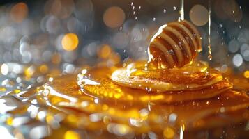 Honey dripping from a wooden dipper onto a reflective surface. photo