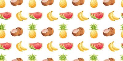Fruity summer pattern. Seamless pattern with babanas, coconut, watermelon and pineapple on white background. cartoon illustration vector
