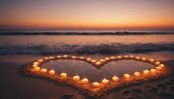 Valentine's Day Heart and candles on sandy beach sunset. Creating romantic setting for Valentine's Day. photo