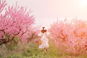 Woman blooming peach orchard. Against the backdrop of a picturesque peach orchard, a woman in a long dress and hat enjoys a peaceful walk in the park, surrounded by the beauty of nature. photo