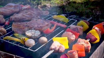 churrasco ou Kebab cozinhou em a grade em quente carvão com grelhado legumes. fatias do grelhado carne de porco em metal espetos. video