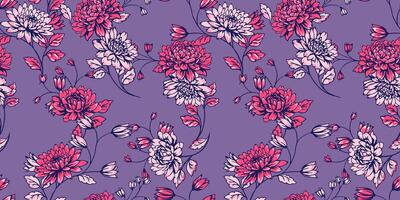 Blossoms floral stems seamless pattern on a purple background. hand drawn. Artistic, abstract ditsy flowers and tiny leaves, buds printing. Template for designs, fabric, fashion, textile vector