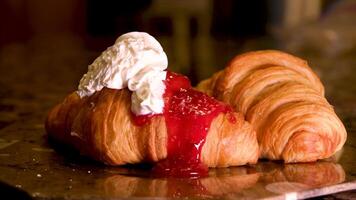 delicious croissant with raspberry jam and cream on stone plate cooking delicious food at home decoration serving restaurant freshness food for family made with love place for menu advertising text video