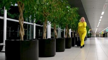 A chegar ou partindo às aeroporto mulher com mala de viagem em rodas dentro mãos mão bagagem comunicação esperando noite lado de fora janela andar baixa corredor meia idade Loiras real pessoas amsterdam aeroporto video