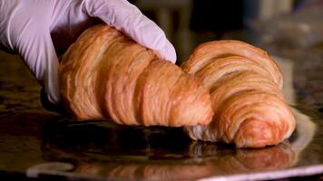 del chef enguantado manos conmovedor dos croissants lanzamiento apretando examinando levantamiento platos poniendo espalda delicioso francés comida horneando Cocinando servicio en retroiluminado Roca marrón plato cerrar video