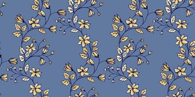 Abstract artistic branches with wild flowers, tiny bells, small leaves seamless pattern on a blue background. Creative gently yellow floral stems intertwined in a summer printing. hand drawn. vector