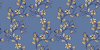 Abstract artistic branches with wild flowers, tiny bells, small leaves seamless pattern on a blue background. Creative gently yellow floral stems intertwined in a summer printing. hand drawn. vector