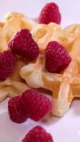 cooked sweet Viennese waffles Waffles with cream and raspberries Sumptuous Delights. Maple Syrup over Waffle with Fresh Strawberry in 4K - A Tempting Visual Treat for Foodies video