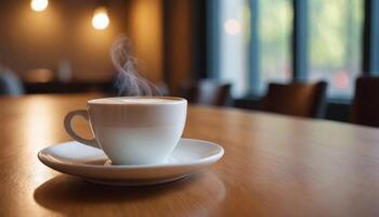 Cafe hot cup of coffee on a saucer on a dark background, casting a thin shadow. Bokeh in the background. photo