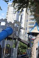 Items for games and sports on the playground in the city park. photo