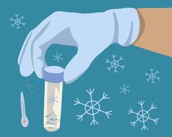 Illustration of sperm freezing. Sperm in a test tube. A man's hand holds a test tube with sperm. vector