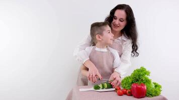 mujer y pequeño chico teniendo un sano ensalada para bocadillo video