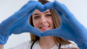 Nahansicht von weiblich Hände Herstellung ein Herz geformt Geste auf ein rot Hintergrund. Valentinstag Tag Konzept. romantisch Geste ausdrücken das Emotionen von Liebe. video