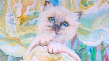 dibujo de un blanco gato con azul profundo ojos en un antecedentes de flores beige azul turquesa color prevalecer en el dibujo imagen en el pared dibujo con acuarelas petróleo pinturas video