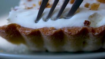 tarta con manzanas y crema tradicional holandés plato de manzana tarta servido con azotado crema en madera mesa en Amsterdam. el plato de manzana tarta es un nacional delicadeza en Países Bajos. video