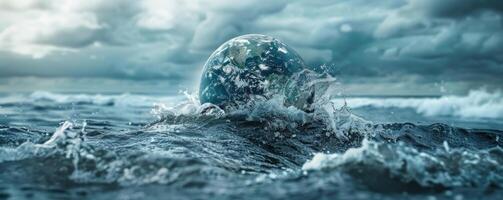 A rising tide engulfing a globe, representing the threat of rising sea levels photo