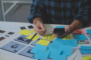 ux Graphic designer creative sketch planning application process development prototype wireframe for web mobile phone . User experience concept. photo