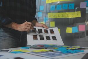 ux Graphic designer creative sketch planning application process development prototype wireframe for web mobile phone . User experience concept. photo