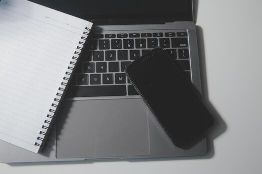 Top view of computer desk with keyboard, smartphone, stationery and coffee cup, clipping path photo