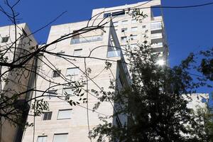 Buildings and structures in Tel Aviv against the background of branches and leaves of tall trees. photo