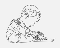 One line of boy writing in a book. Editable stroke. graphic illustration in white background. vector