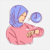 continuous line drawing of a muslim woman looking at a watch. editable stroke and colored. graphic illustration. vector