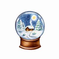 Watercolor glass snowball globe on wooden stand. Christmas illustration of winter village with falling snow isolated on white background. For designers, decoration, shop, for postcards, wrapping vector
