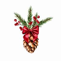 Watercolor hand drawn cone with red satin bow, pine branch and red berries on a branch. New year botanical illustration of pine, spruce, cedar, fir and larch cone isolated on white background. Fo vector