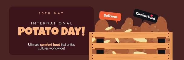 International Potato day. 30th May 2024 First International Potato day celebration cover banner, post with potatoes crate, speech bubbles. The theme for 2024 Harvesting diversity, feeding hope. vector