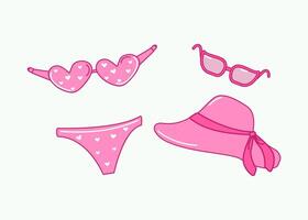 Set pink summer beach accessories. Sunglasses, swimsuit, hat. Drawn icons, doodle. Summer holiday at sea, vacation. Illustration on isolated background. vector