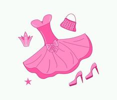 Pink fashion party set. Set of doll accessories, dress, clothes for the princess. Ball gown, shoes, bag, crown, illustration, isolated background. vector