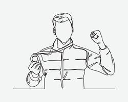 continuous single line drawing of male athlete holding medal, winning competition, champion, celebration. editable stroke. graphic illustration. vector