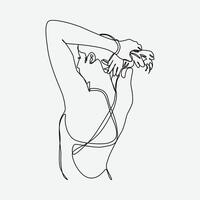 continuous single line drawing of girl in swimsuit tying her hair in a ponytail. back view. editable stroke. graphic illustration. vector