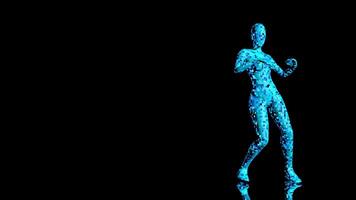 Blue abstract woman figure with pixelated effect dancing against black background. Loop sequence. 3D animation video