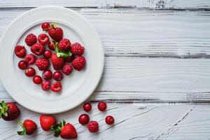 Summer red Berries strawberries and raspberries on white plate with wooden table top view. Bright fruits on background with copy space for summertime sales and presentation photo