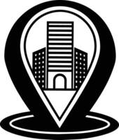 a black and white location pin icon with a building in the center vector