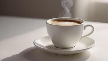 un caliente taza de café en un platillo, conjunto en contra un blanco fondo, fundición un sutil sombra. foto