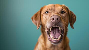 Chesapeake Bay Retriever, angry dog baring its teeth, studio lighting pastel background photo