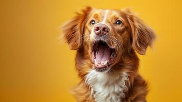 Nova Scotia Duck Tolling Retriever, angry dog baring its teeth, studio lighting pastel background photo