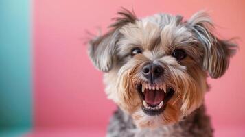 bichón habanero, enojado perro desnudando sus dientes, estudio Encendiendo pastel antecedentes foto