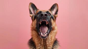 German Shepherd, angry dog baring its teeth, studio lighting pastel background photo