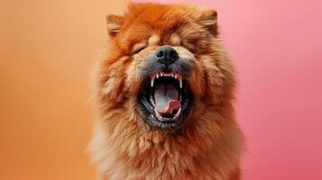 Chow Chow, angry dog baring its teeth, studio lighting pastel background photo