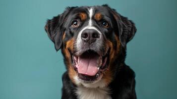 Greater Swiss Mountain Dog, angry dog baring its teeth, studio lighting pastel background photo