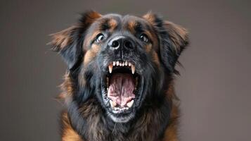 Leonberger, angry dog baring its teeth, studio lighting pastel background photo